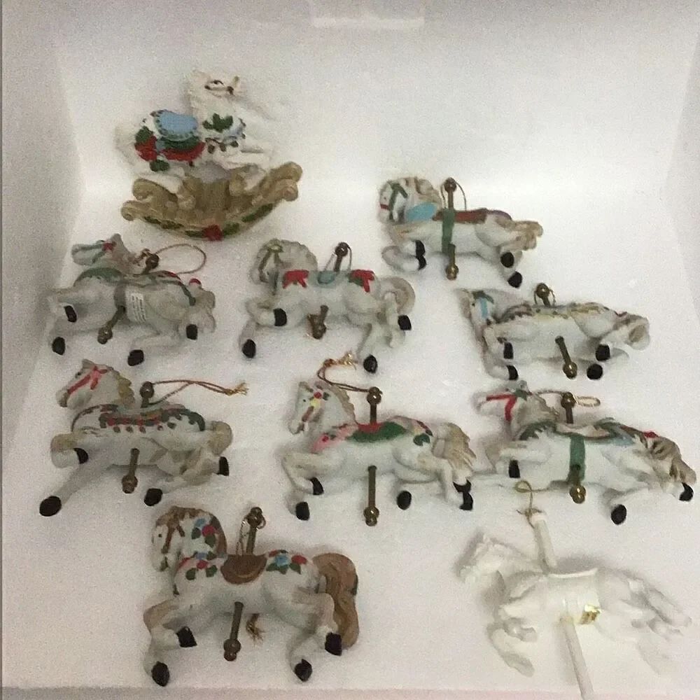 Vintage set of carousel horse, one rocking horse statue, nine carousel horse orn